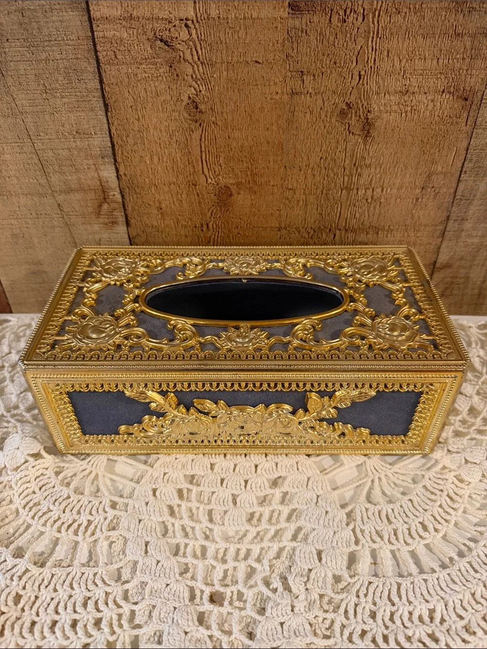 Vtg Hollywood Regency Style Gold Tone Filligree Flocked Blue Tissue Box Cover